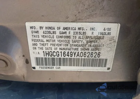 2000 Honda Accord 3.0 Lx z USA, uszkodzony, nr VIN 1HGCG1649YA062626